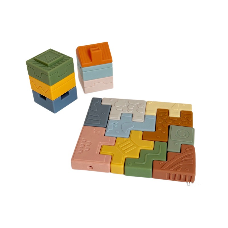 Cross-border infant cognitive soft building blocks animal house graphic soft rubber relief puzzle stacking music early education toys