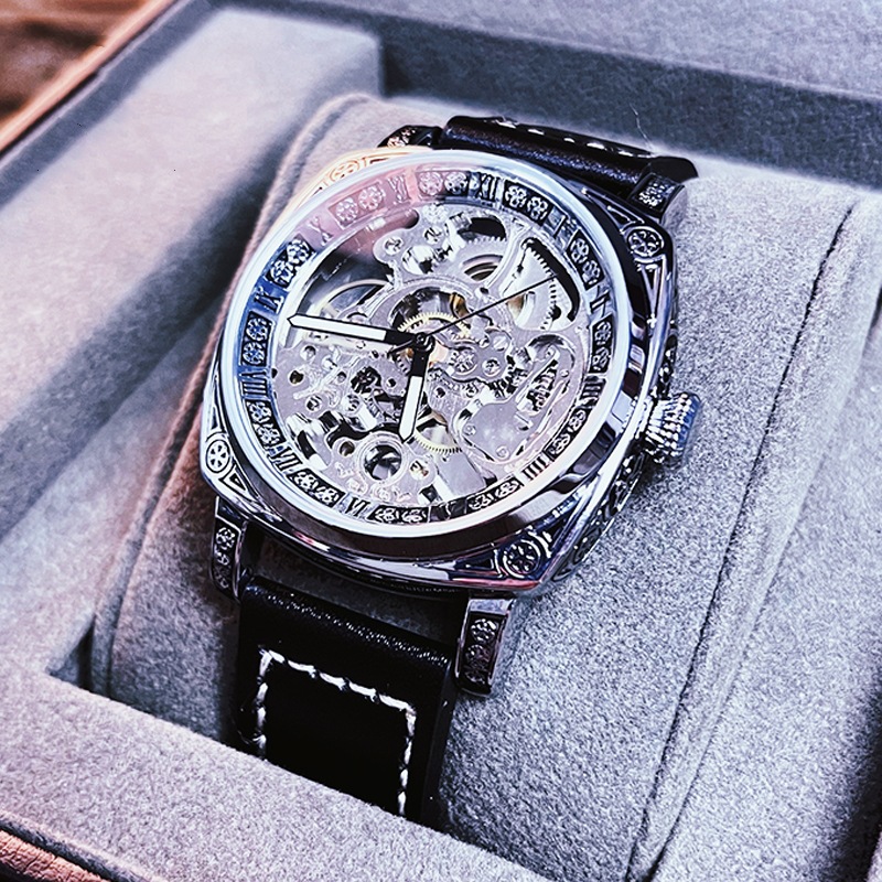 Embossed Stainless Steel Hollow Fully Automatic Mechanical Watch Men's Watch Cross-Border Hot Style Factory Wholesale