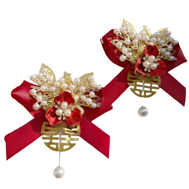 New Chinese-Style Wedding Corsage for the Bride and Groom, Full Set of Wedding Dress with Ribbons, Wedding for Father, Mother, Groomsmen, and Bridesmaids