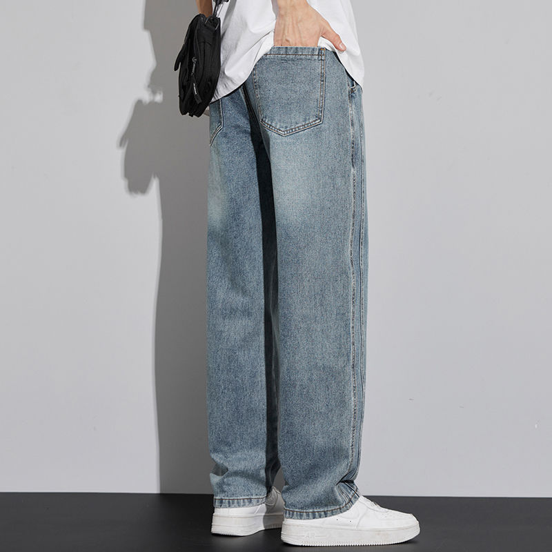 Autumn and Winter Men's Loose Straight-Leg American-Style Wide-Leg Casual Jeans with Fleece, Thickened, Elastic Waist, Trendy