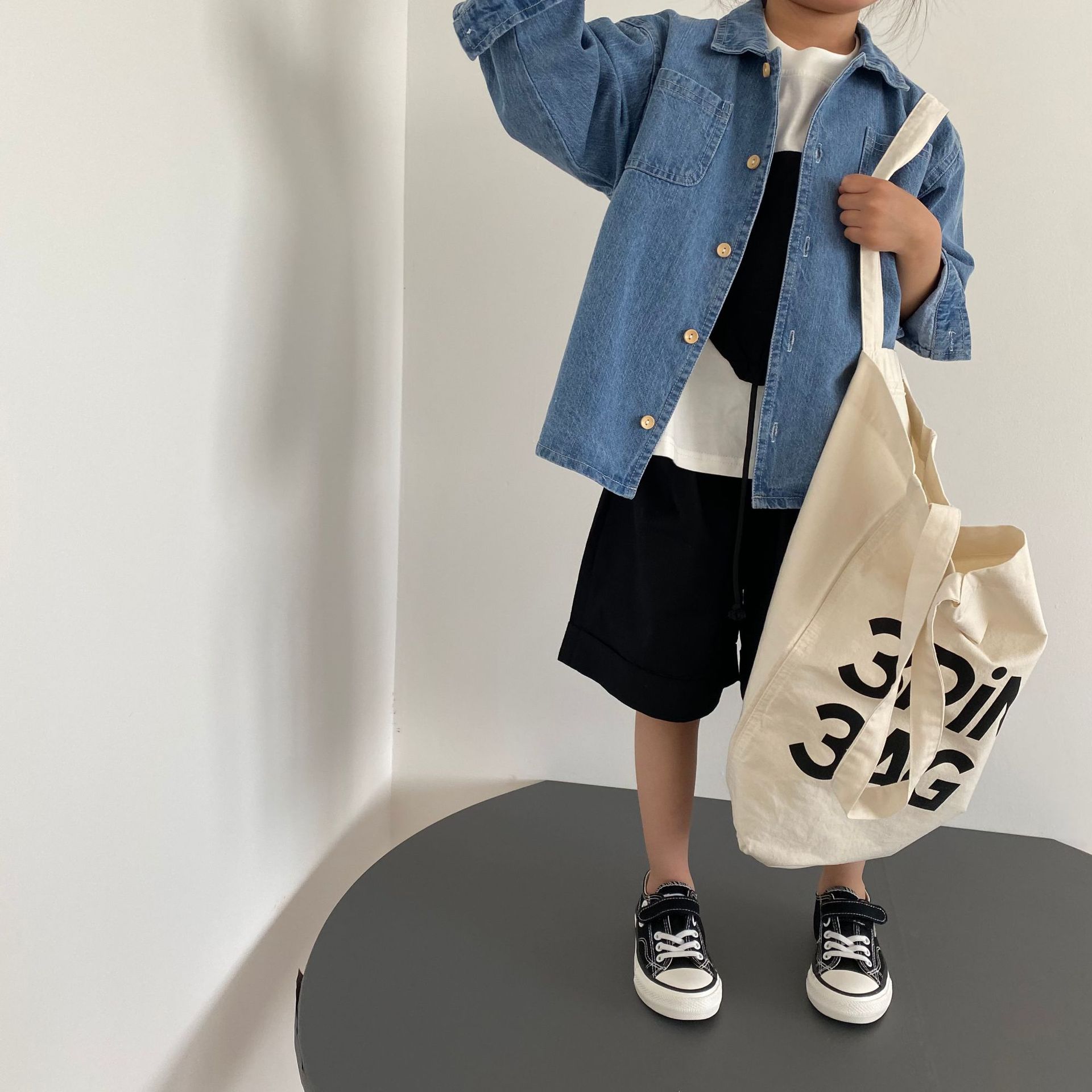Gl-Kids K-Style of Autum New Kidsren's Small Flap Pocket Pants Thin Denim Shirt, Men's and Women's Easy-To-Wear Denim Top