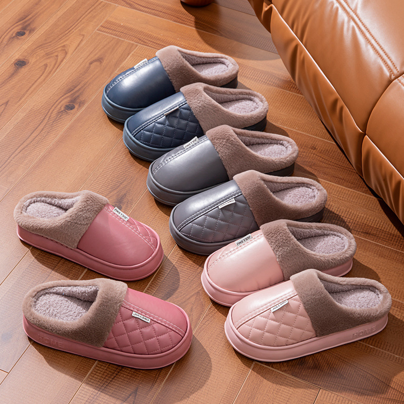 Old Man Cotton Slippers Men's Winter PU Waterproof Home Indoor Non-Slip Warm Old Man plus size Slippers for Women