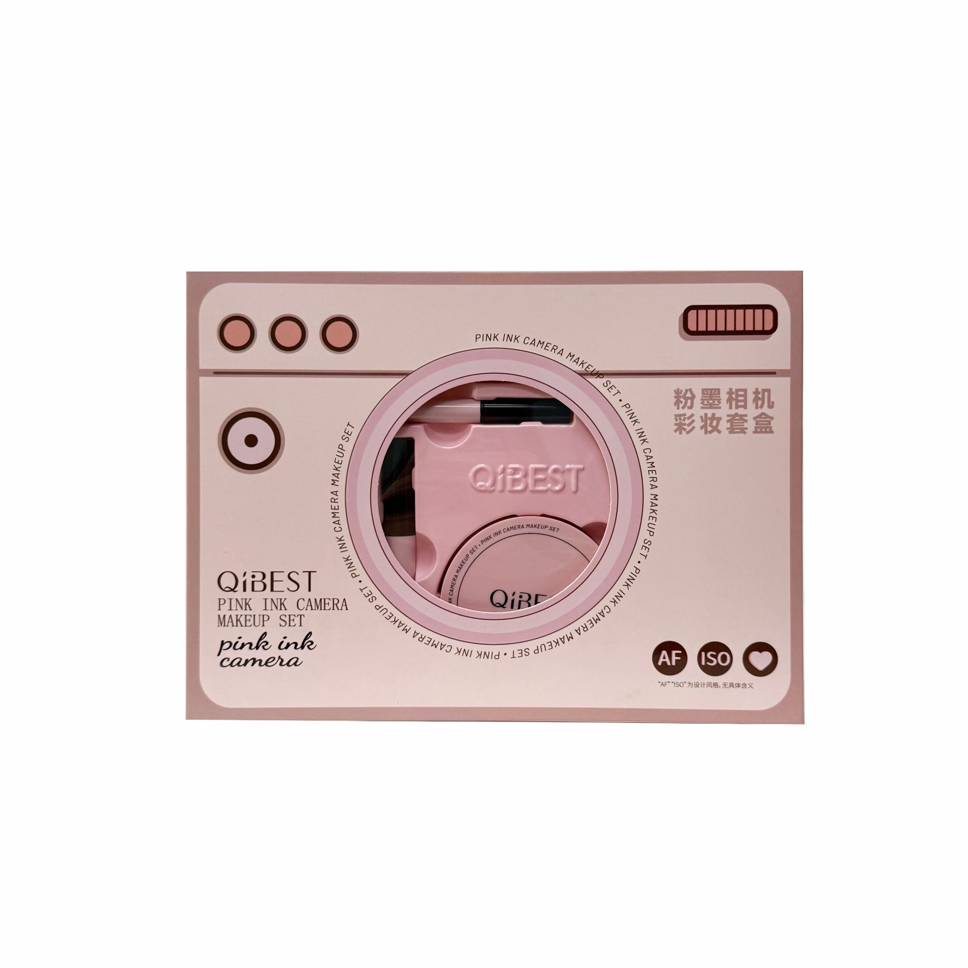 QIBEST New Pink Camera Makeup Set Lipstick Powder Cake Beauty Makeup Gift Box suit Lip Mud Lip Glaze Mascara