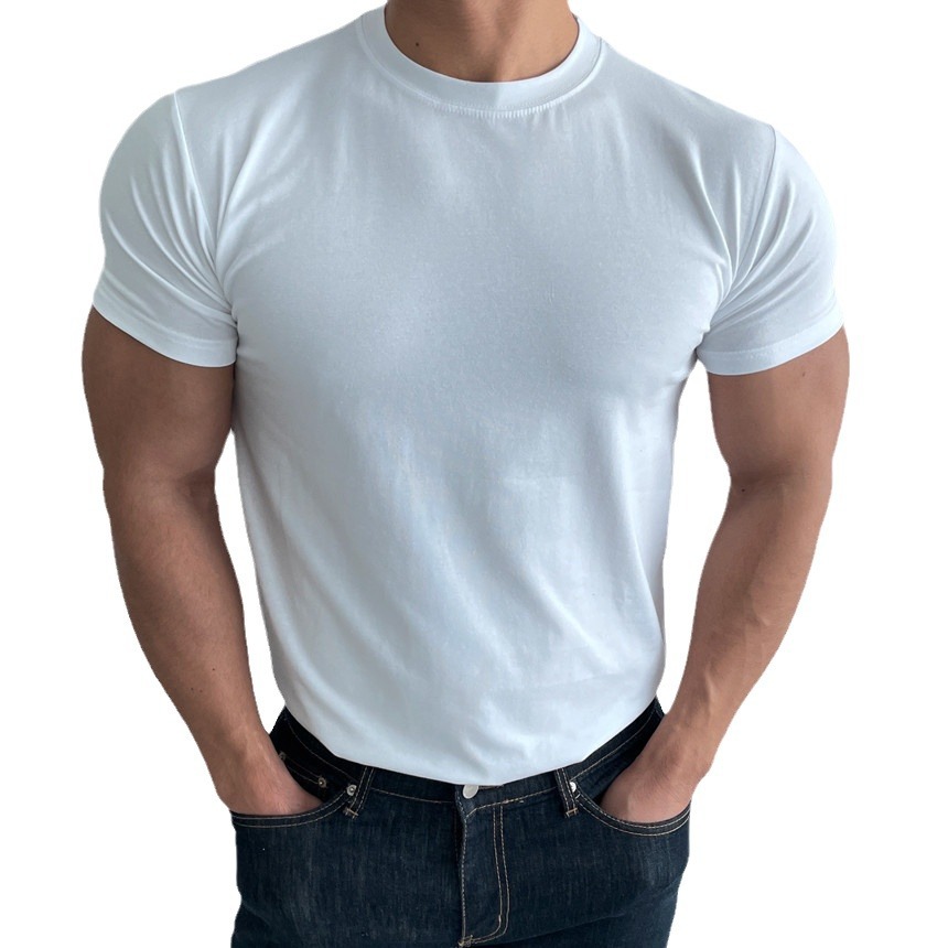 Sports Fitness drawstring short sleeve men's training high elastic sweat-absorbent cotton breathable quick-drying large round neck solid color all-match T-shirt
