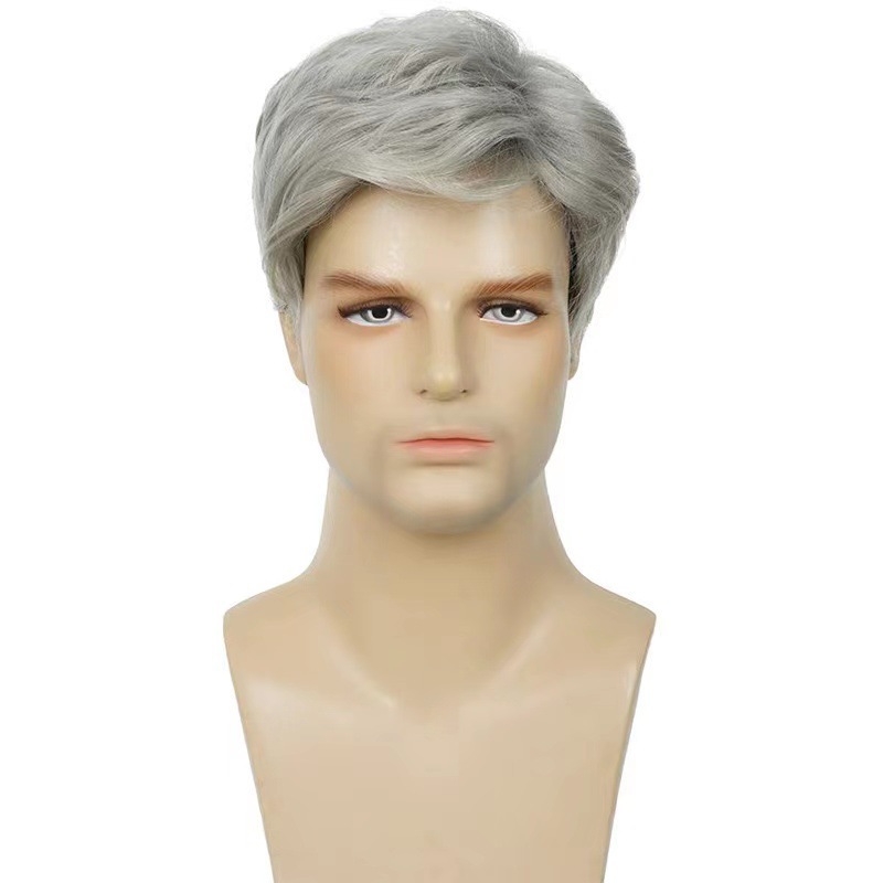 Cross-Border European and American Men's Wigs Fashionable Fluffy Short Hair Granny Gray Wigs High Temperature Silk Chemical Fiber Headgear Wigs