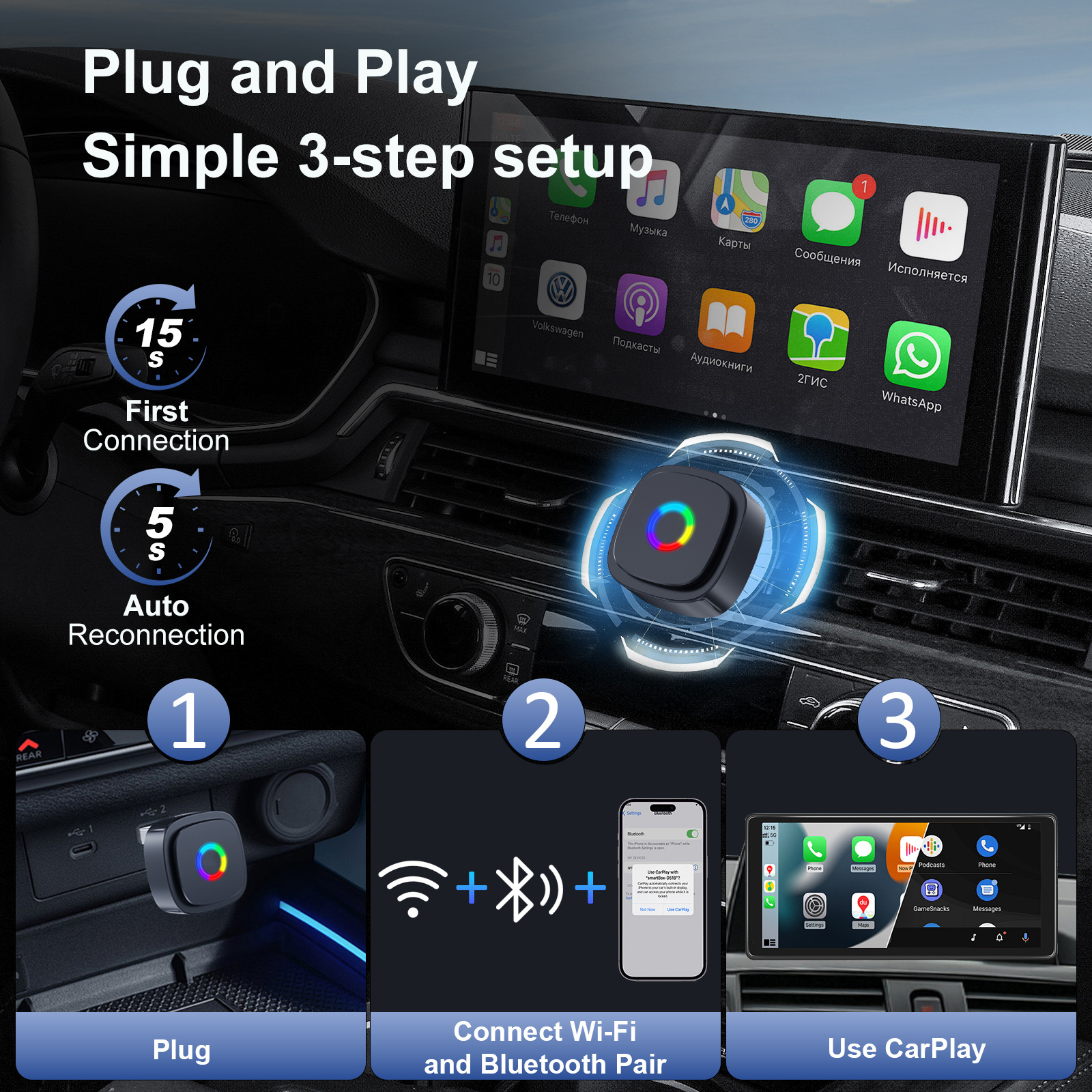 Cross-Border Popular Product: Carplay Apple and Android 2-in-1 Wired to Gps Wireless Car Smart Navigation Adapter