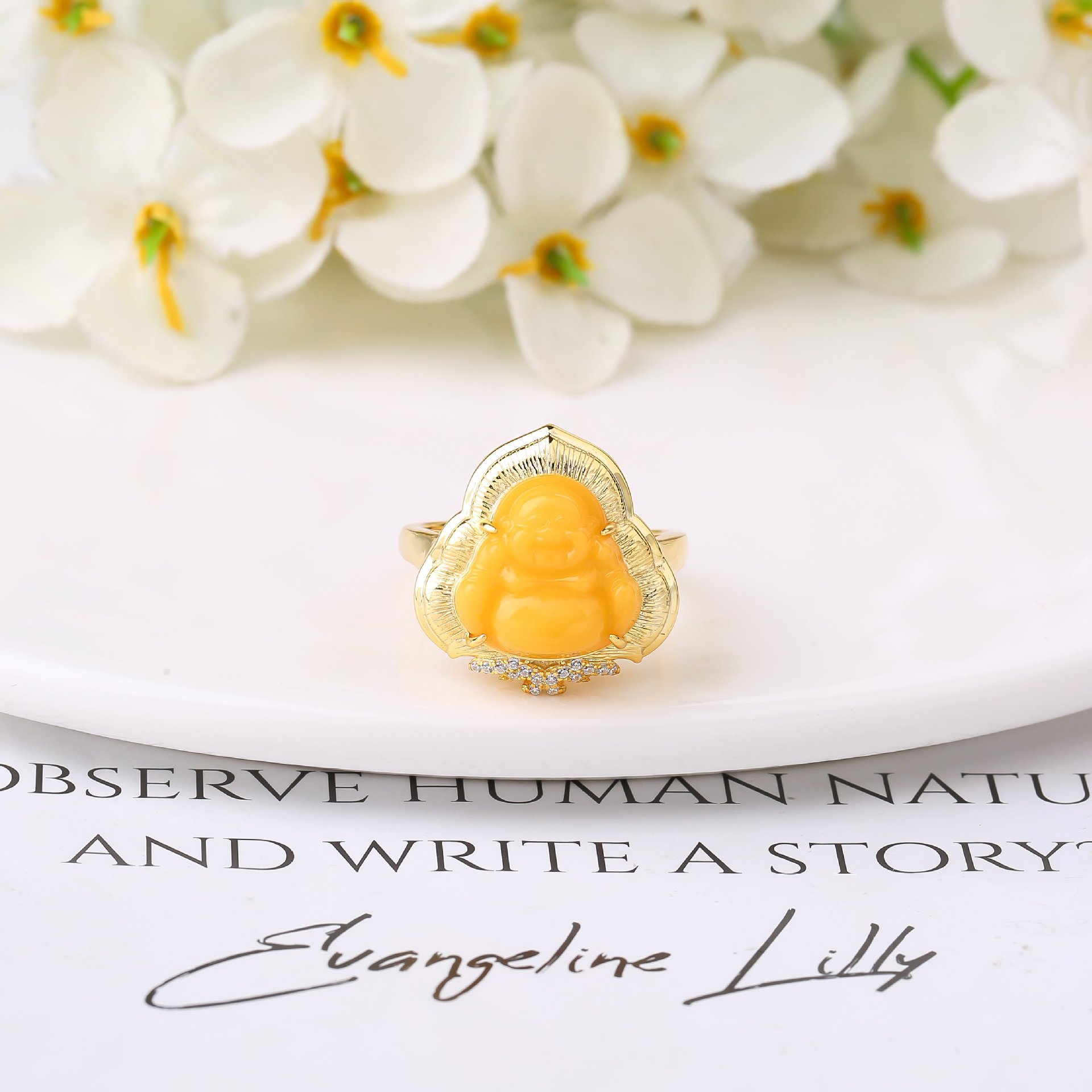 S925 Silver Natural Russian Old Beeswax Pendant Amber Chinese Style Simple Brushed Maitreya Buddha Pendant Ring Set