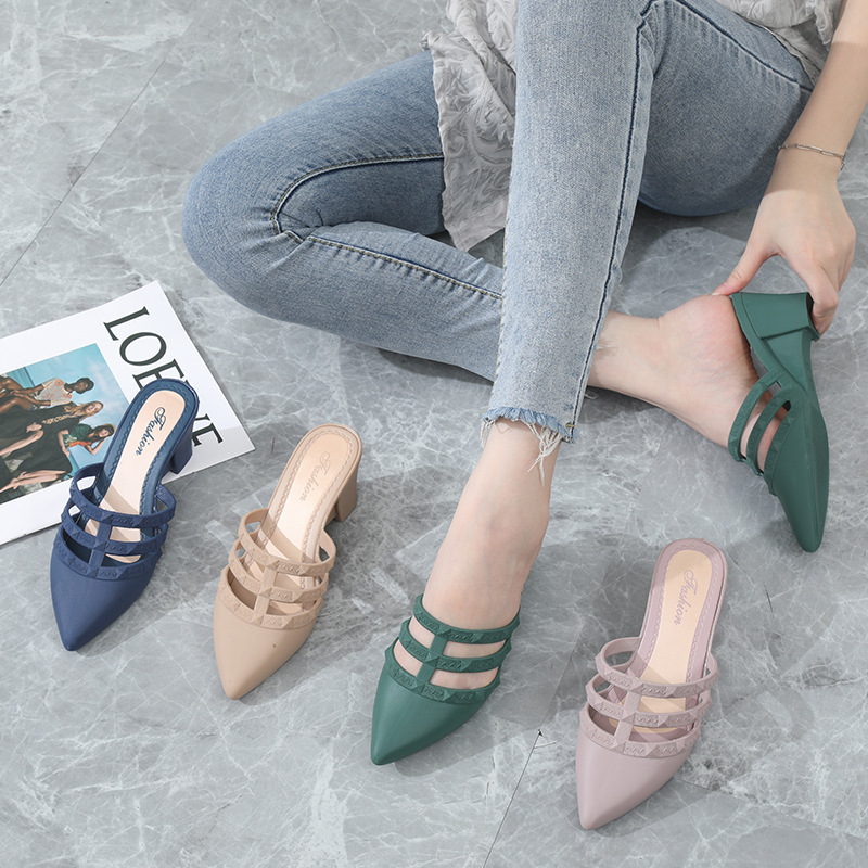 новые осенние и летние удобные шлепанцы на толстом каблуке, женские сандалии с острым носом, модные полушлепанцы