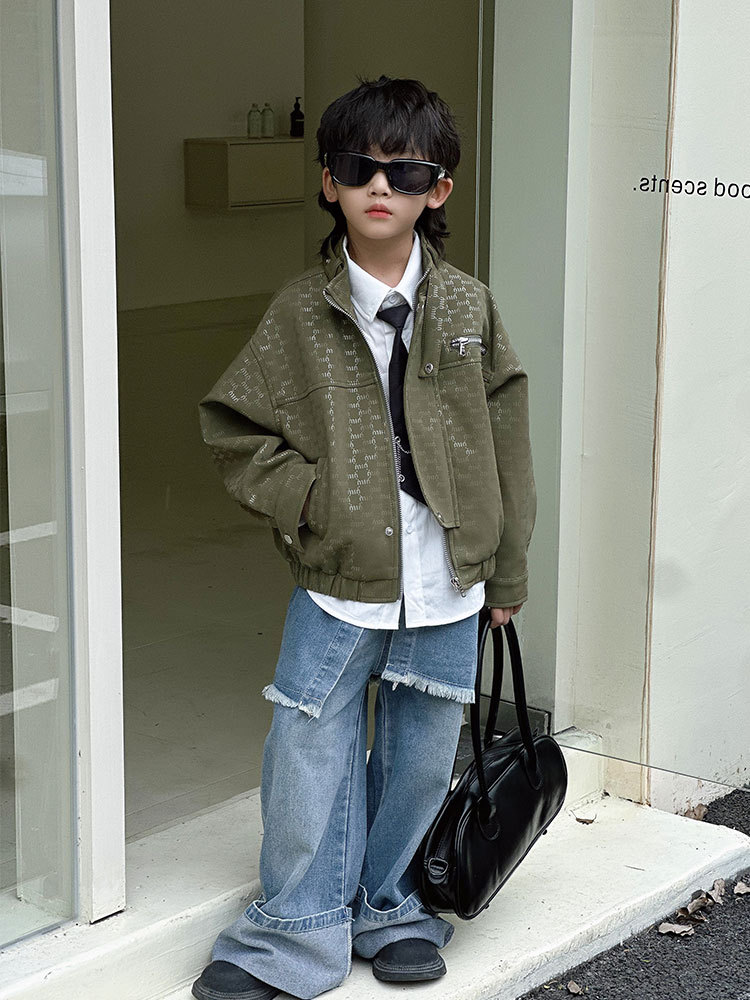 Boys' Leather Jacket Set 2025 Autumn New Style Children's Letter Leather Jacket Stylish Children's Clothing Outerwear Wholesale Trendy