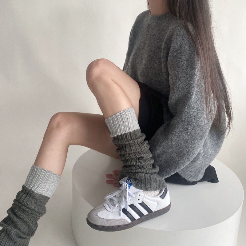 Warm Asian Knitted Woolen Socks for Women, Spring, Autumn and Winter Woolen Leg Covers, Pile Socks, Color Matching Gray Warm Calf Socks Y2
