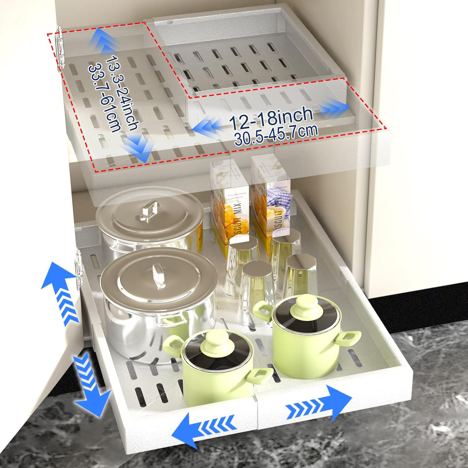Выдвижной ящик для хранения с расширяемой шириной 12 "-18" и глубиной 13.3-24 " с регулируемыми ящиками