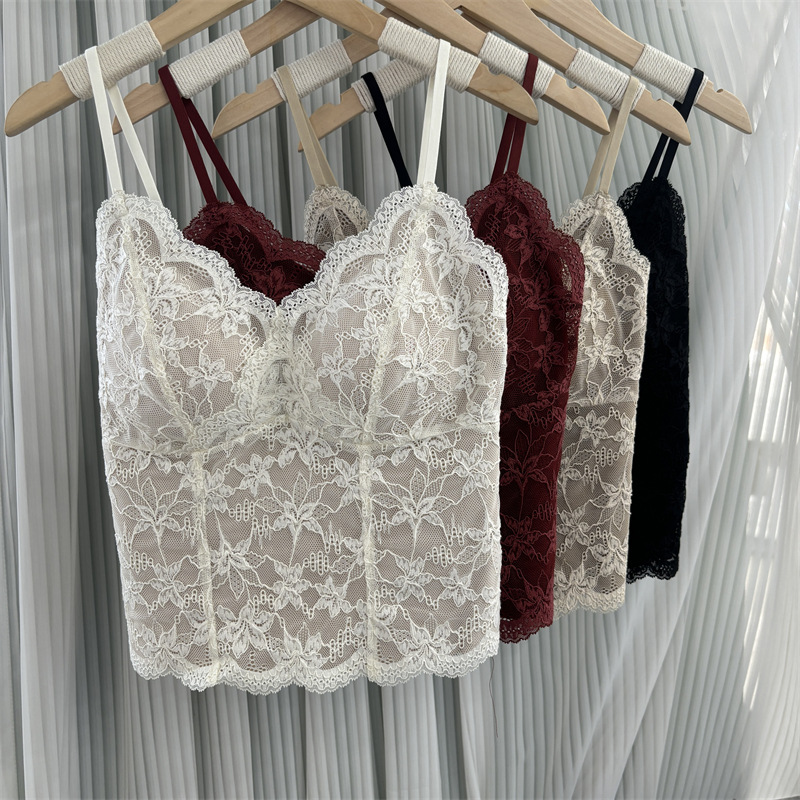 6099 Original In-Stock Micro-Brushed French-Style Camisole Underwear for Women with Lace Integrated Fixed Cup Bra That Gathers Side Breast Tissue