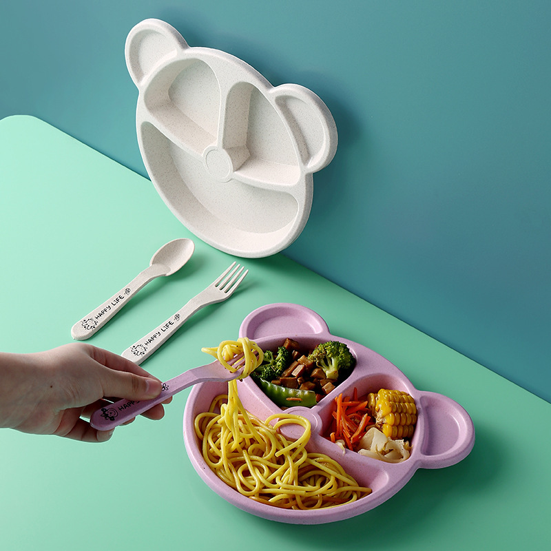 Casual Kindergarten Student Kidsren's Wheat Straw Compartmentalized Eating Panda Tableware Plate Spoon Fork 3-Piece Set