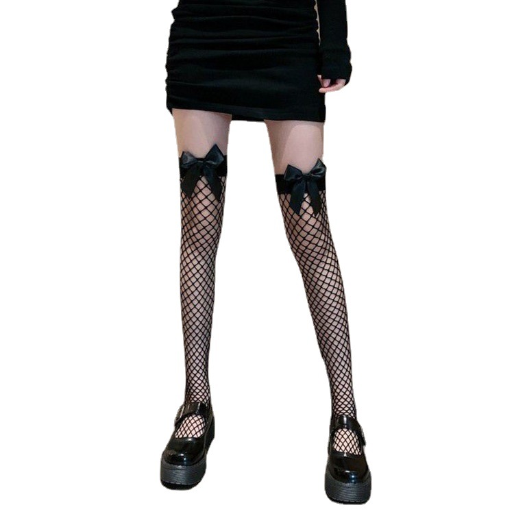 Black Silk White Fishnet Stockings Women's Summer Lace Thin Over-the-Knee Long Tube Sexy Sexy Bow Pure Desire Stockings