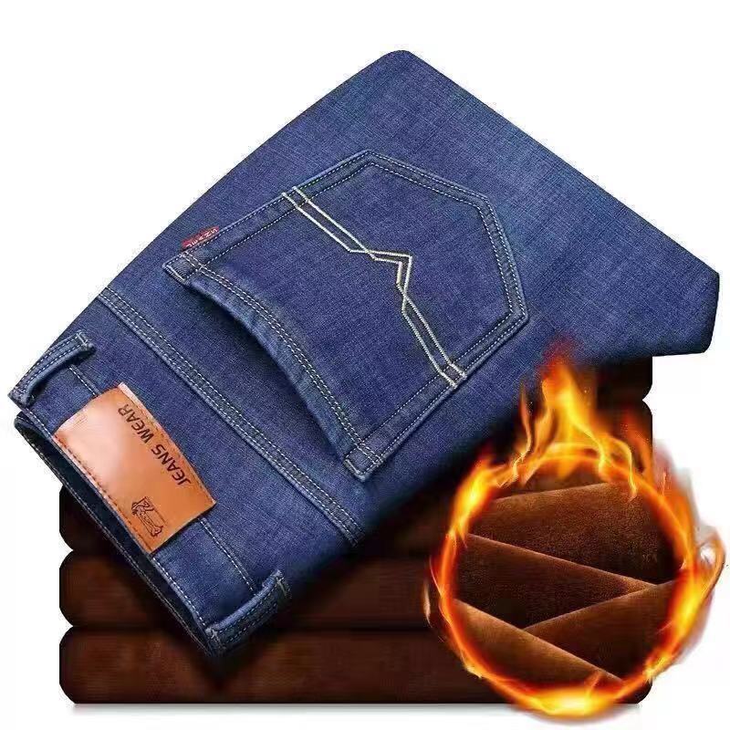 fleece-lined Jeans Men's Thickened Warm Straight Loose Work Durable Worksite Middle-aged Business Casual Cheap Winter Pants