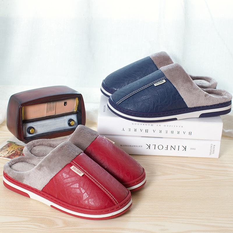 35-51 size household cotton slippers women PU leather winter wool plush warm slippers men's plus size foreign trade generation