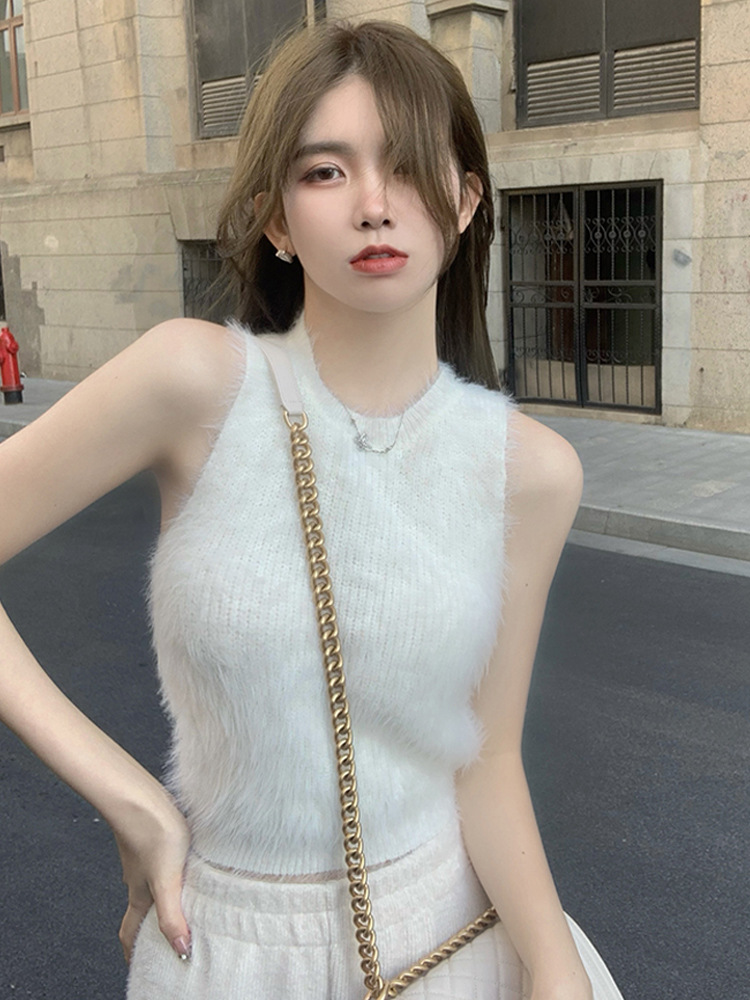 Mink Velvet Vest Women's Autumn and Winter Sexy Sleeveless Furry Short Top Soft Waxy Inner Plush Base Shirt