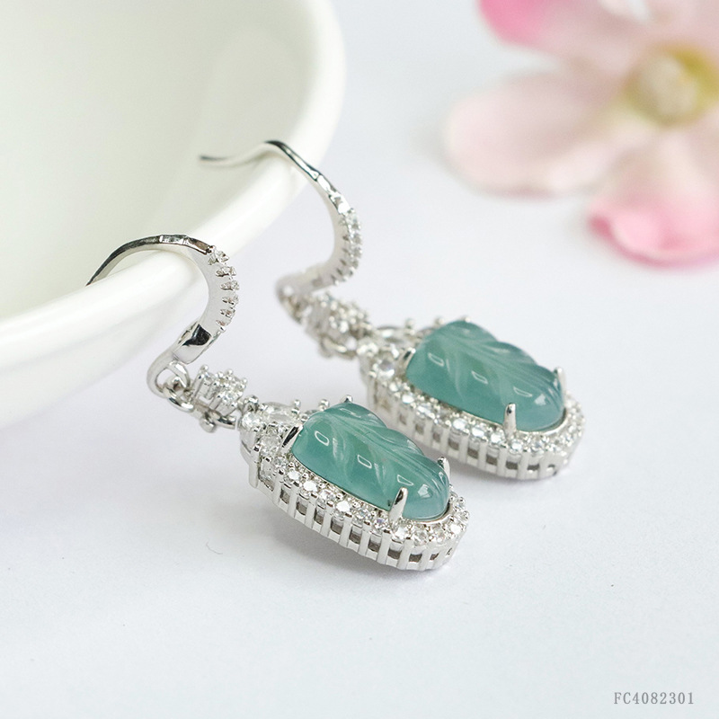 Military Natural a Grade Jade Ice Seed Blue Water Leaf Earrings Jade Earrings for Women Wholesale Dropshipping Fc 4082301 L