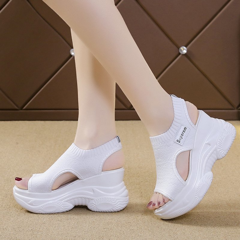 Popular Summer New Knitted Fish Mouth Shoes, Fairy Style Platform Soles, High Heels, Fly Woven Wedge Heels, Thick Soles, Sports Women's Sandals