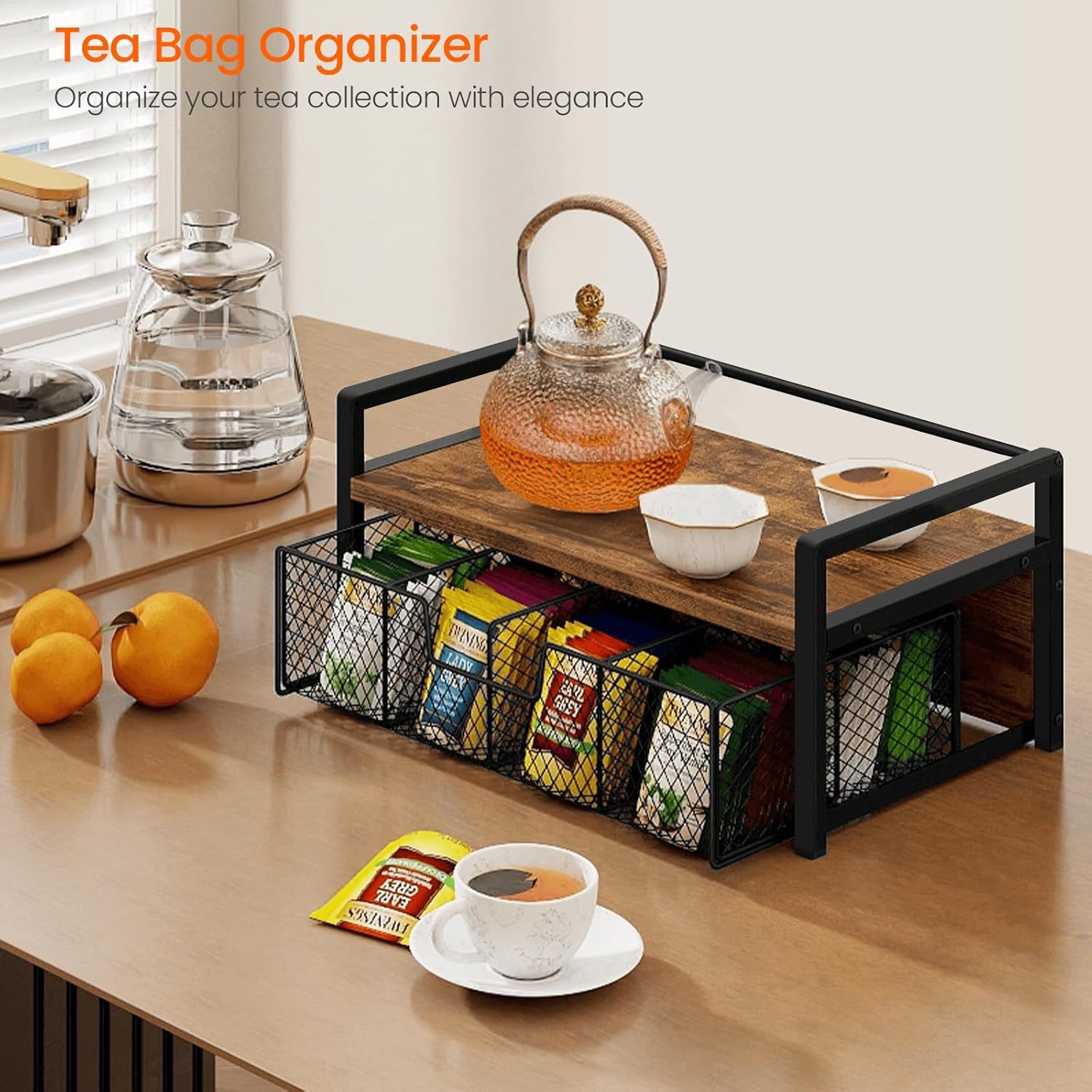Retro Wood Grain Double-Layer Desktop Storage Rack Iron Mesh Multi-Grid Storage Basket Coffee Bag Tea Bag Tea Table Storage Rack