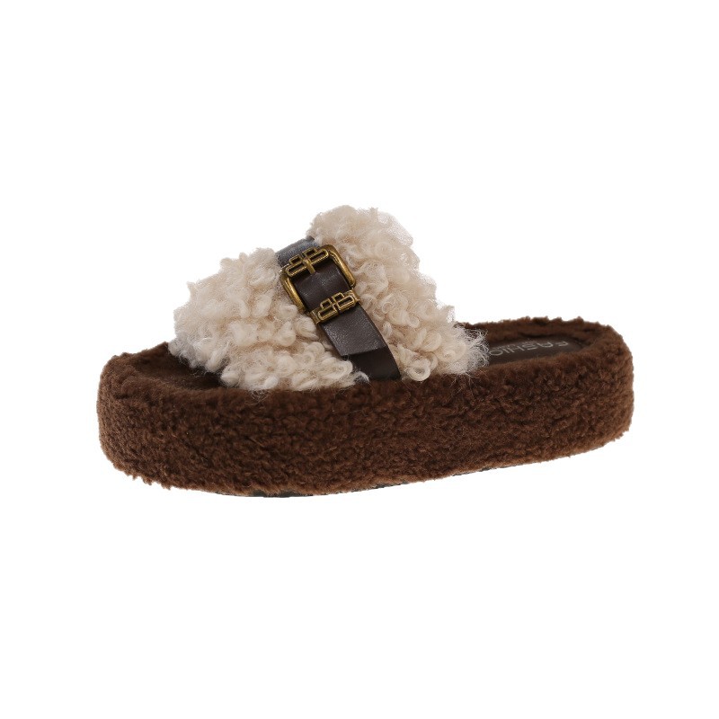 2025 Autumn New Platform Thick-Soled Furry Slippers for Women with Belt Buckle, Wholesale Plush Cotton Slippers