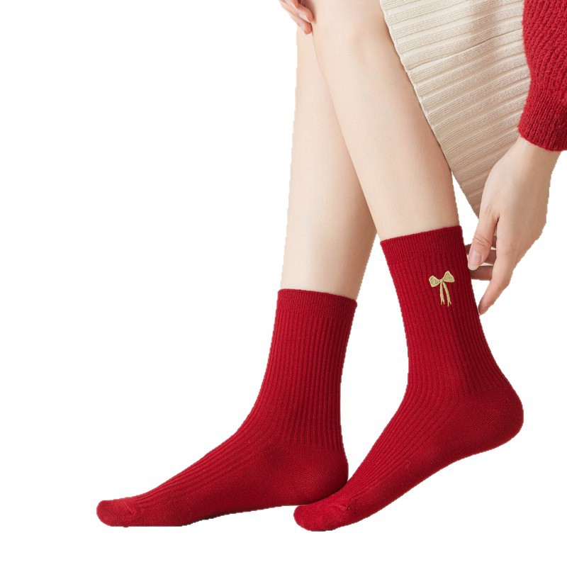 Zodiac Year of the Horse Dark Red Socks Women's Autumn and Winter Double Needle Embroider Wedding New Year 2026 Horse Year Mid-Calf Socks