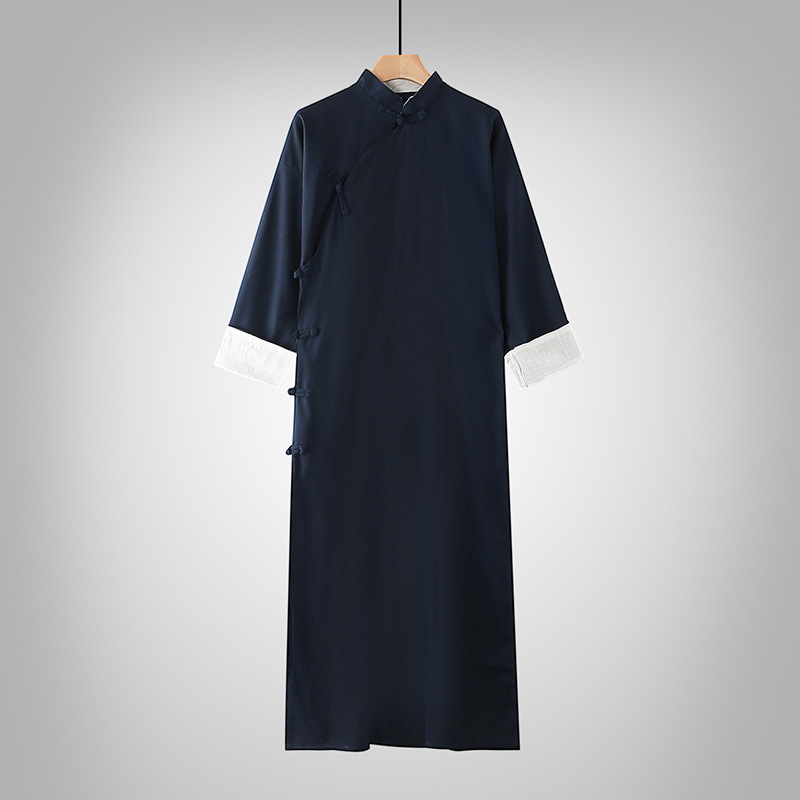 Cotton and Linen Long Shirt Republic of China Chinese Style Long Gown Ma Gua Linen Men's Tea Suit Host Calligraphy Coat Performance Costume