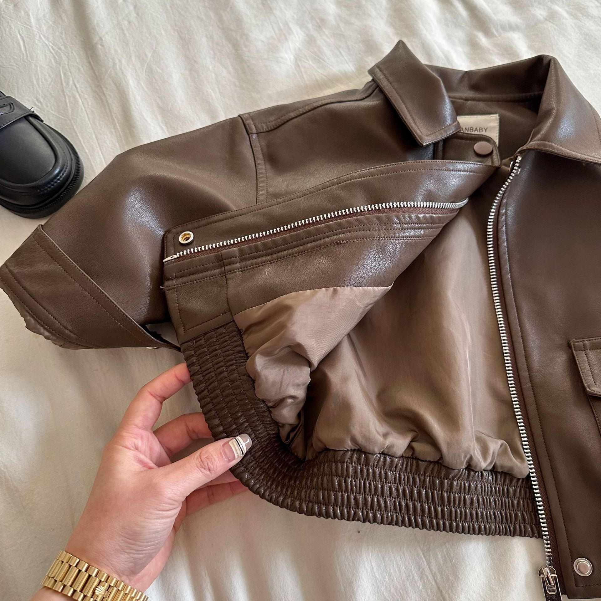 Children's Outwear 2024 Squinting Spring New Product Pure Color Lapel Leather Jacket for Boys and Girls Baby Short Outwear Trendy