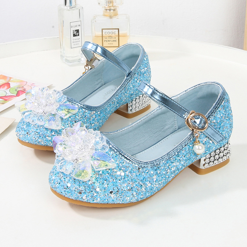 Кристаллические туфли на каблуке для девочек, однослойные, туфли Эльзы, детские туфли, блестящие кожаные туфли с пайетками