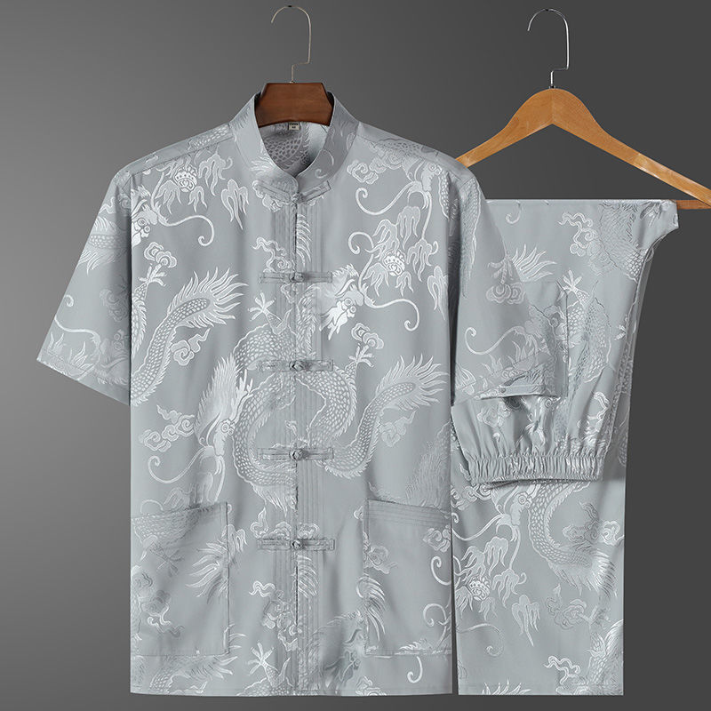 Ice Silk Tang Suit for Middle-Aged and Elderly Men, Short-Sleeved Shirt Suit, Casual Grandpa Summer Dress, Chinese Style Plus Size Dad Han Dynasty