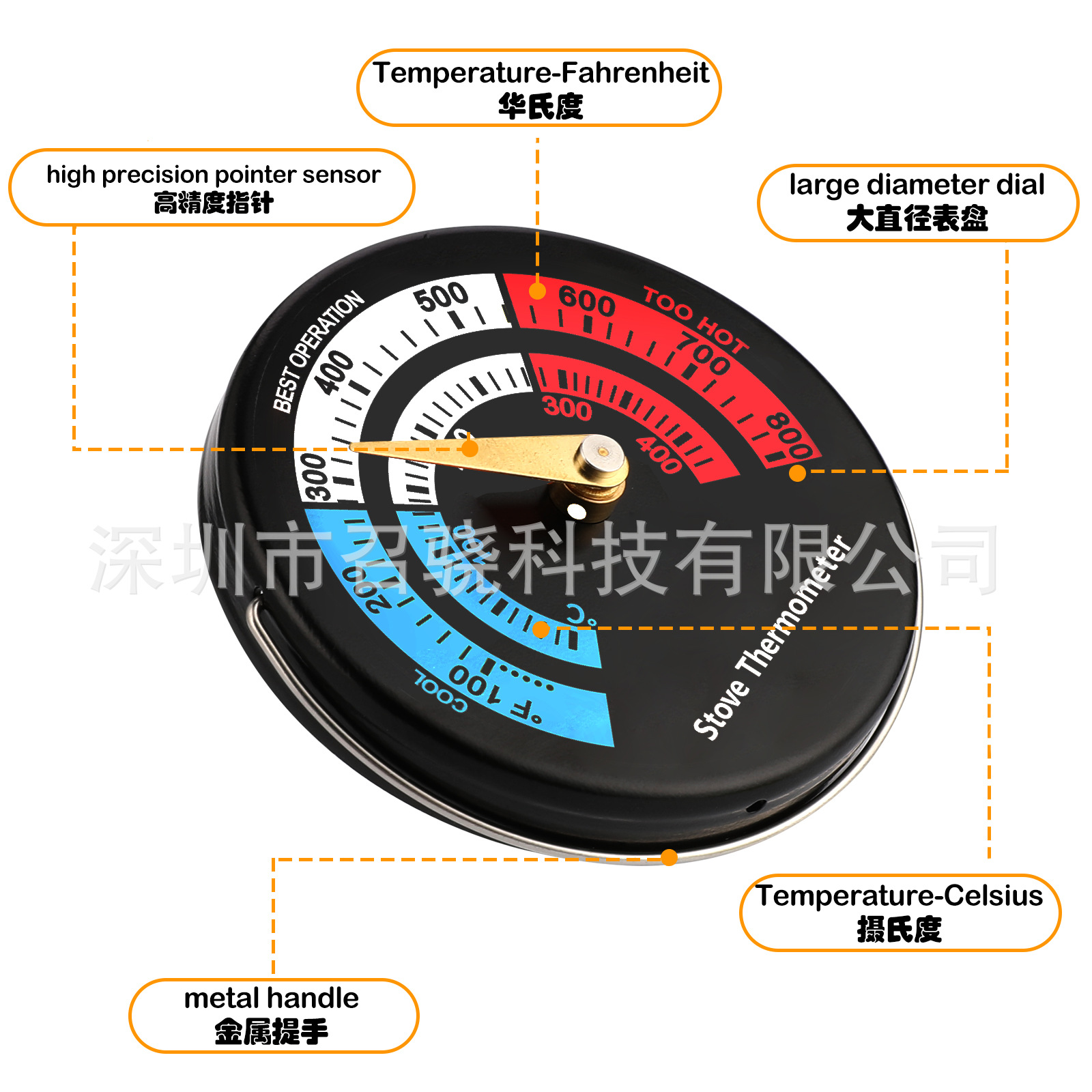 Cross-Border Fireplace Thermometer 6cm Magnetic Fireplace Temperature Monitor Aluminum Alloy High Temperature Resistant Wood Stove Thermometer