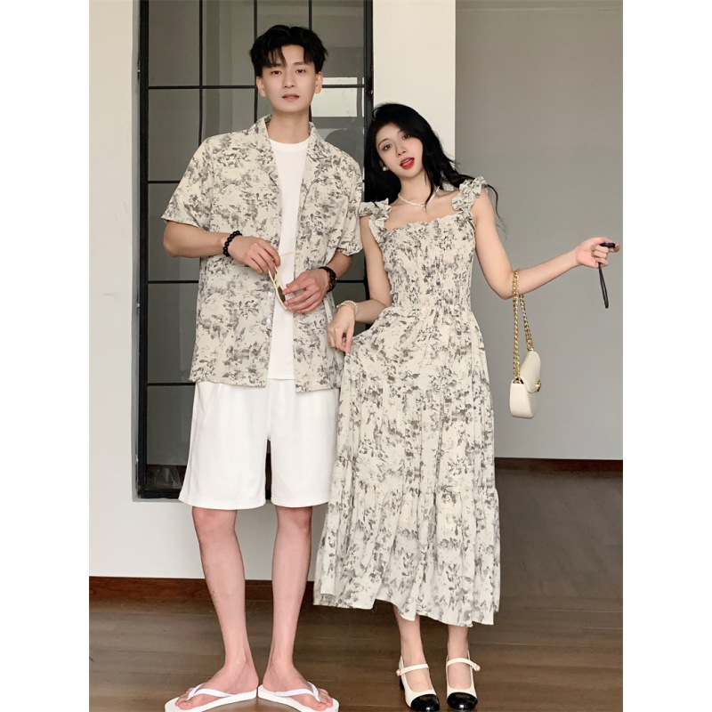 2024 Summer Couple Dress Beach Dress Slim-fit Elegant dress Men's Floral Shirt Short-sleeve