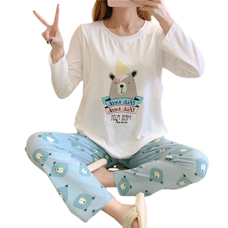 Bear Long-sleeved Pregnant Women's Pajamas Women's Spring and Autumn Maternity Clothing Postpartum Nursing Maternal Nursing Home Suit Summer
