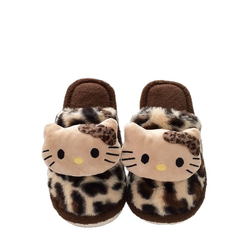 2025 New Furry Slippers for Women to Wear Outside in Autumn and Winter Hello Kitty Leopard Print Home Cotton Slippers with Velvet Lining and Non-Smell Plush