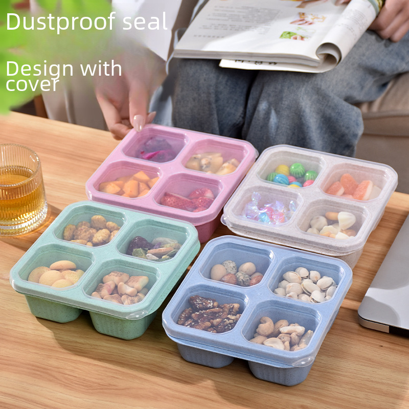 Wheat Food Box Snack Box Four-compartment Transparent Cover Snack Plate Dried Fruit Box Cooking Tea Box Fresh-keeping Snack Dish