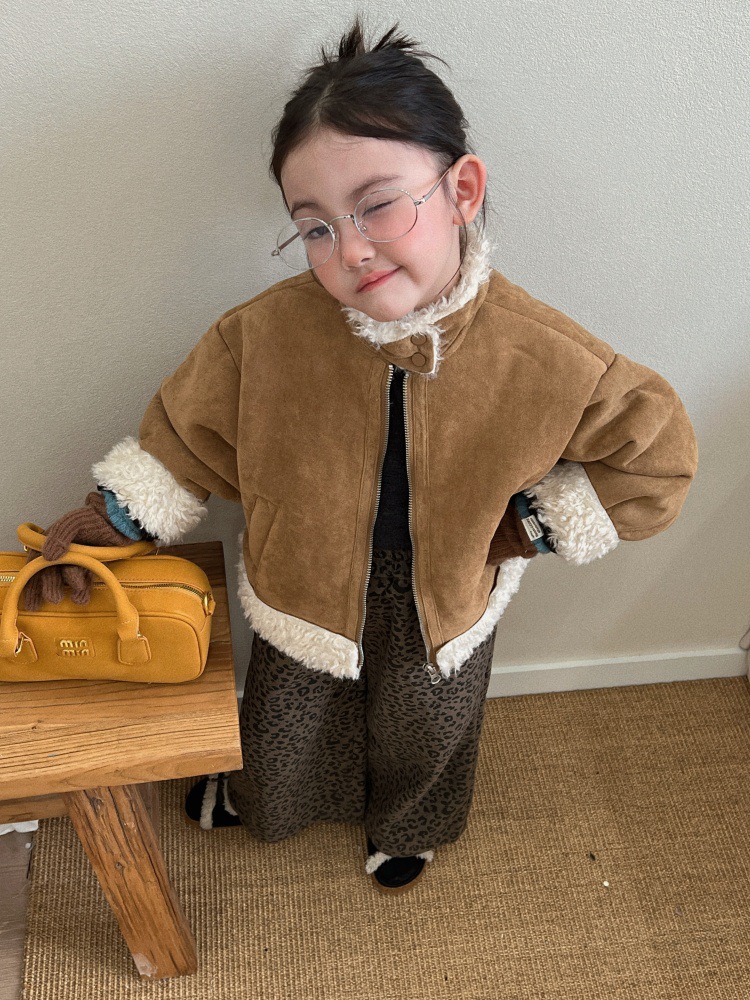 童外套2025冬季新款女童韩系鹿皮绒皮毛一体立领短款慵懒风机车服