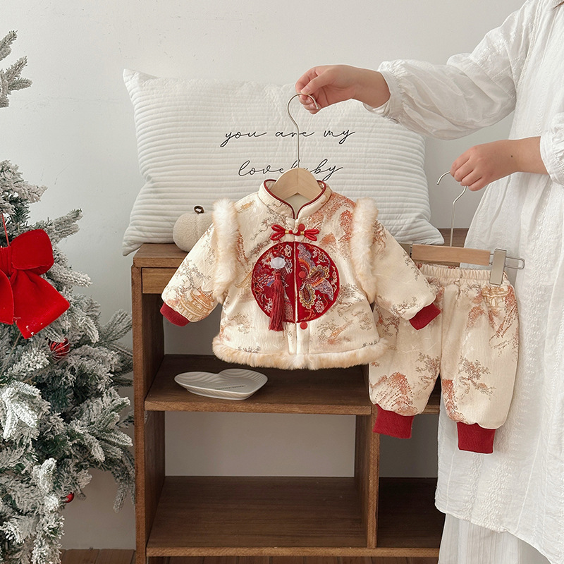 Infant and Toddler Clothes, Autumn and Winter Baby Cotton Clothes, One-Year-Old and 100-Day New Year's Greetings Clothes, Thickened Welfare Garden Landscape Painting Split Suit