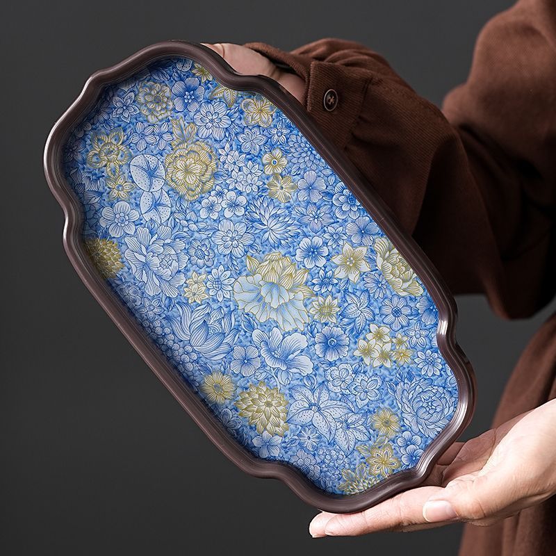 Chinese Style Blue and White Tea Tray High Borosilicate Glass Heat-Resistant and Scalding Tray Pot Dry Bubble Tray Outdoor Travel Home Office
