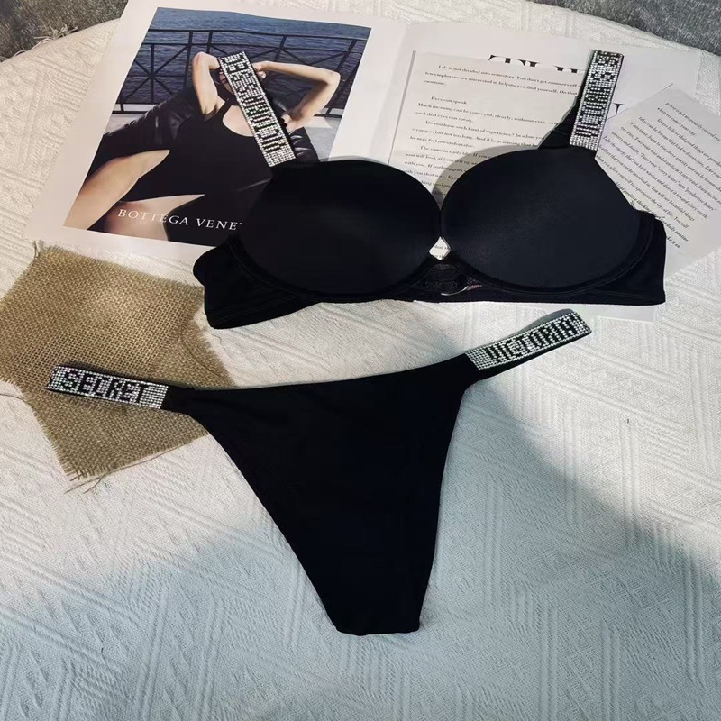 Hot Selling Victoria Women's Underwear Set Letter Rhinestone with Steel Ring Comfortable Sexy Bra