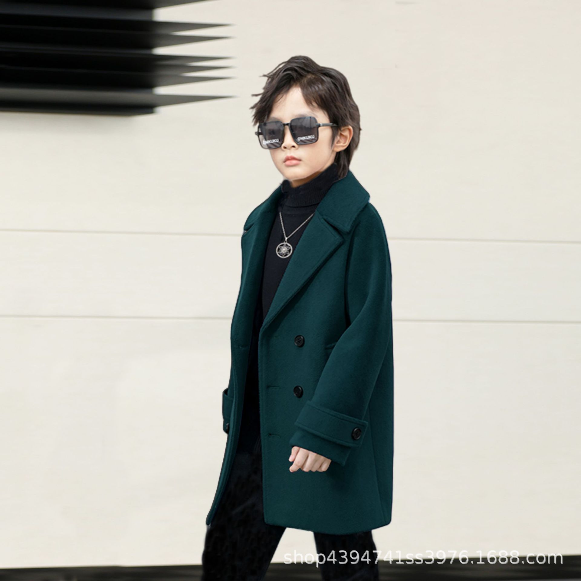 Cross-Border New Autumn and Winter Boys' Double-Breasted Stylish Wool Coat Thickened Children's Turn-Down Collar Mid-Length Wool Jacket