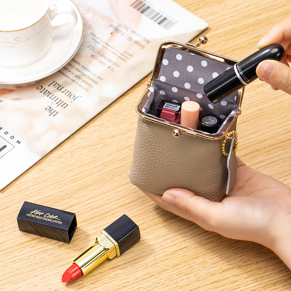 Genuine Leather Mini Red Envelope Litchi Pattern Lipstick Box Instagram Style Multifunctional Women's Convenient Storage Bag Change Coin Bag