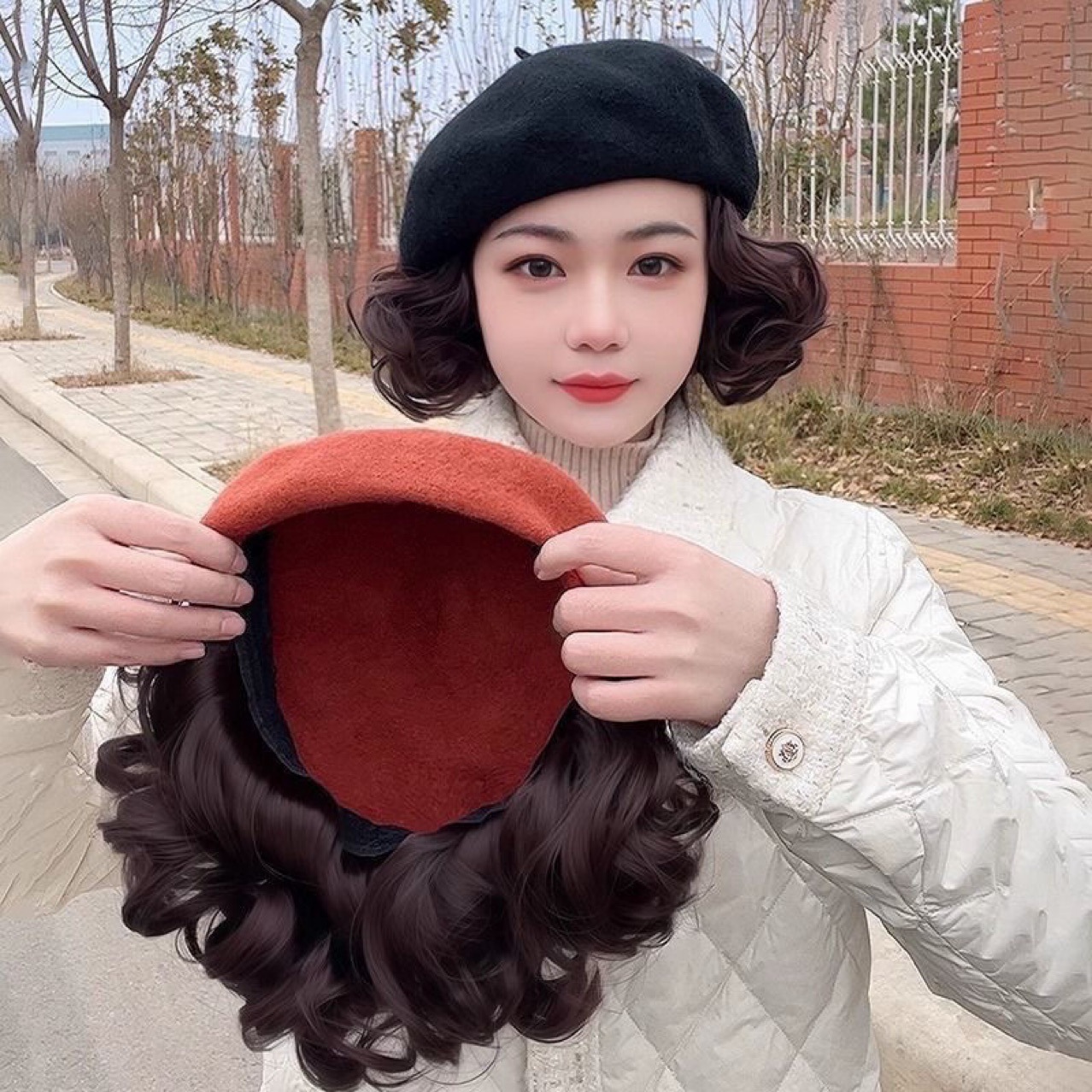 Hat Wig for Women with Short Curly Hair, Full Headgear, Fashionable and Stylish Autumn and Winter Beret Wig, One-Piece Mother's Headgear