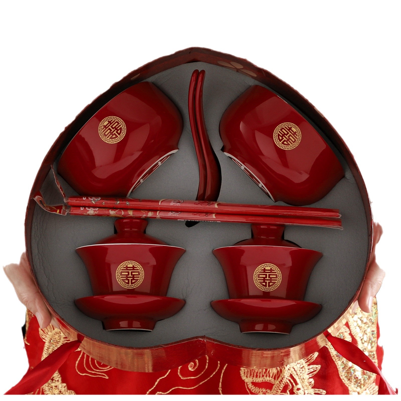 Wedding Ceramic Pair of Cups, Tea Cups, Eight-Piece Set of Wedding Supplies, Chinese Wedding Bowls, Couple Bowls and Chopsticks Gift Box Set