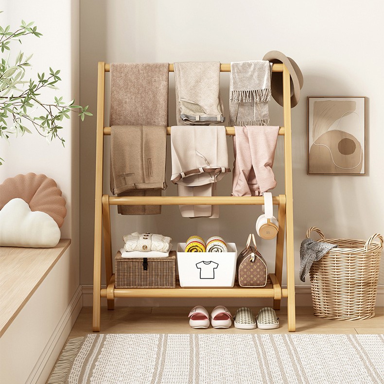 Folding Coat Rack, Bedroom Floor-Standing Clothes Rack, Bedside Clothes Rack, Bamboo Storage Rack for Clothes, Can Be Stored