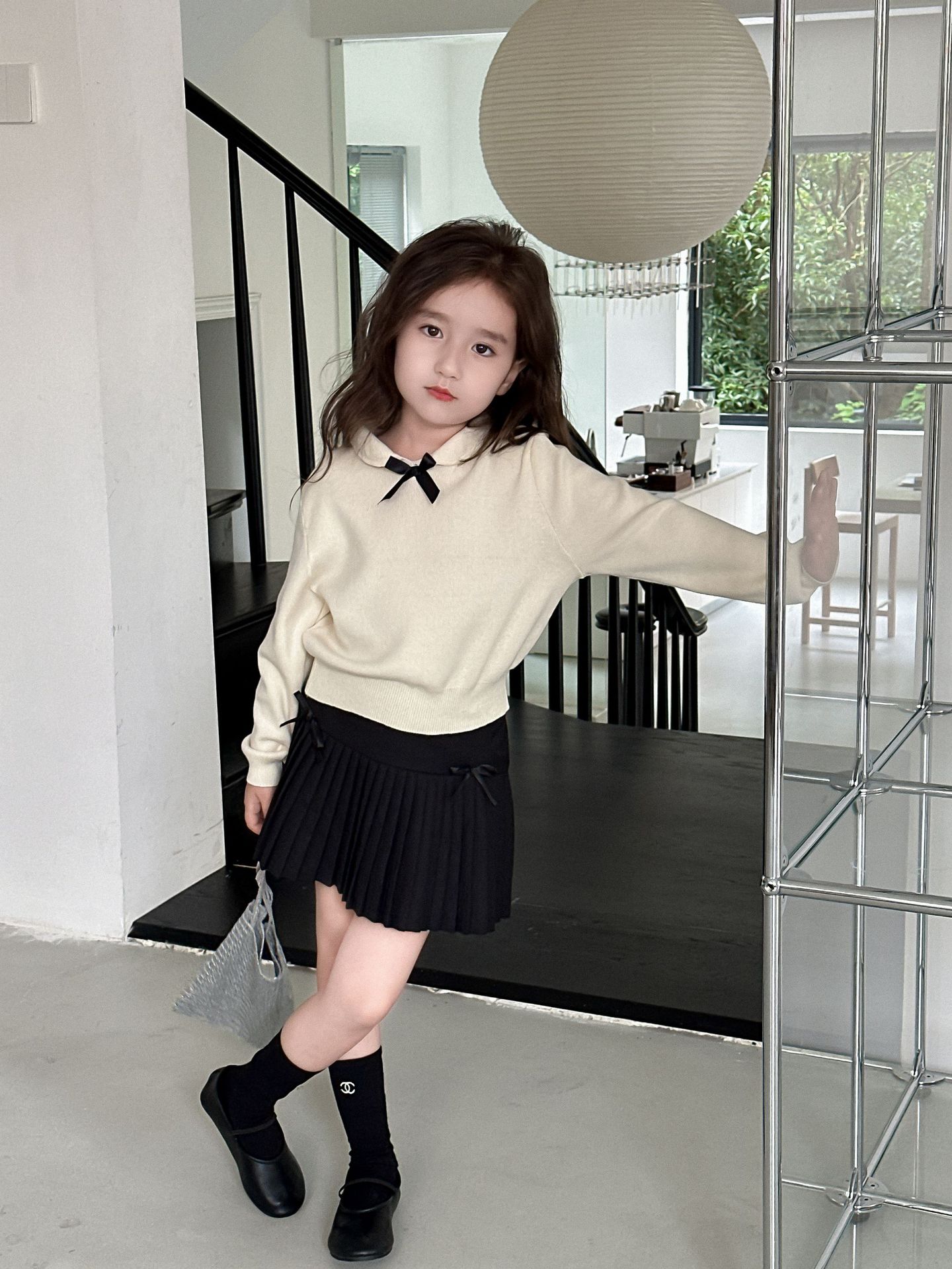 Girls' Knitwear 2024 Autumn New Miu Style College Style Bow Stacked Pullover Sweater Doll Collar Top