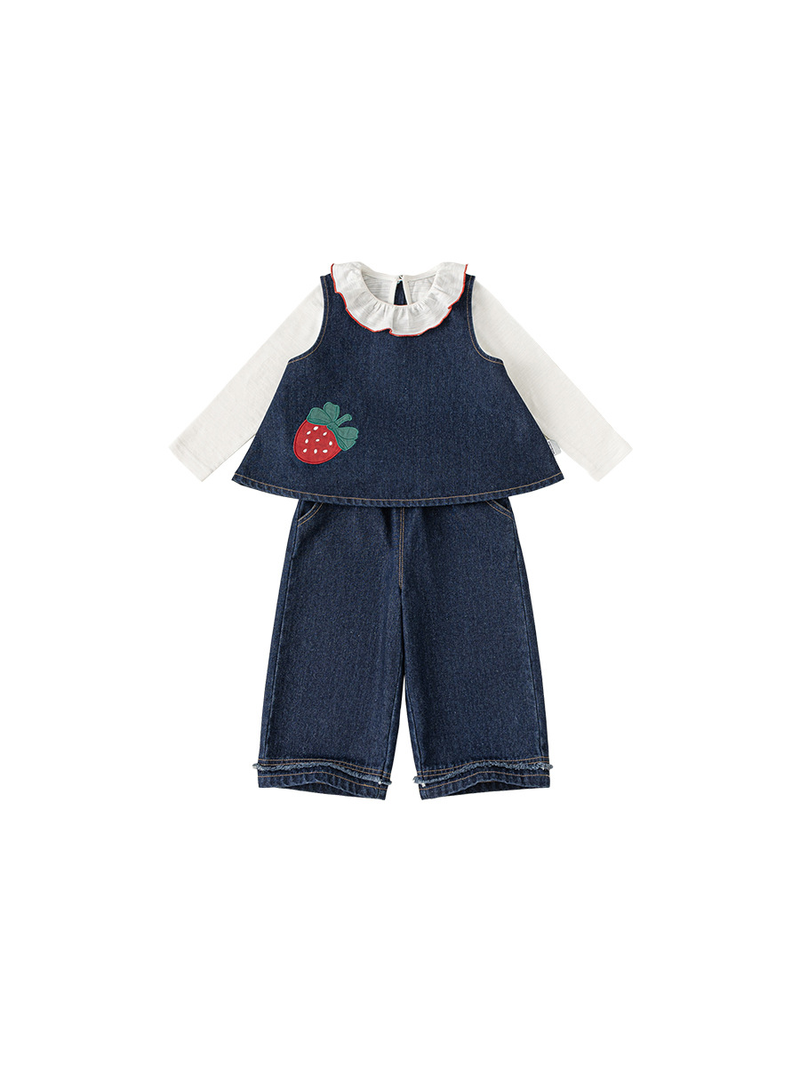Banggxuan Sweet 2025 Autumn Suit Girls Strawberry Denim Vest Doll Collar Shirt Wide Leg Pants Three-Piece Set
