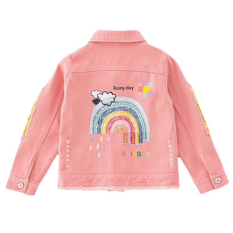 Children's clothing girls' Denim jacket fashionable frayed pink ripped denim jacket children's rainbow sequined top