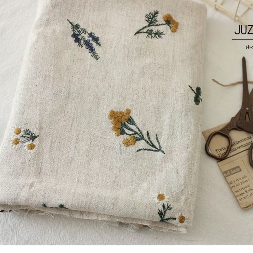 Cotton and Linen Embroidered Fabric Lavender Handmade Fabric Garment Fabric Pastoral Style 2 Colors