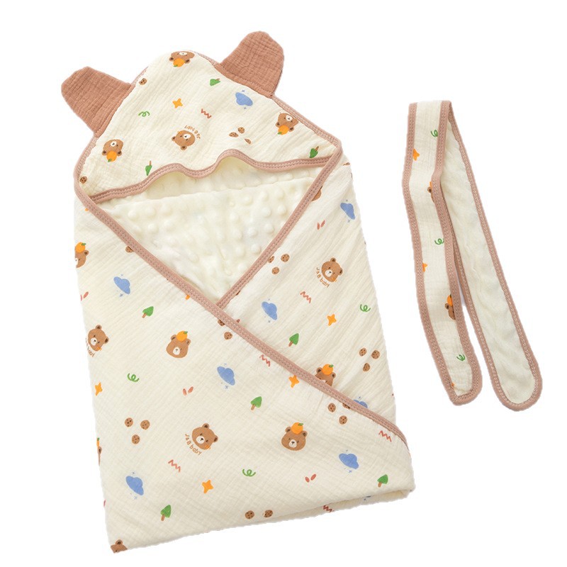 Newborn Blanket Pure Cotton Wrinkled Cloth Beanie Hooded Blanket Delivery Room Baby Swaddle Blanket Spring & Fall Outing Windproof Quilt