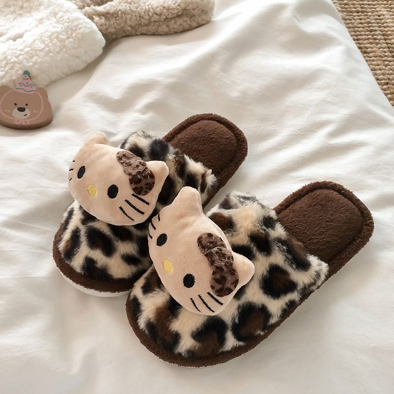 2025 New Furry Slippers for Women to Wear Outside in Autumn and Winter Hello Kitty Leopard Print Home Cotton Slippers with Velvet Lining and Non-Smell Plush